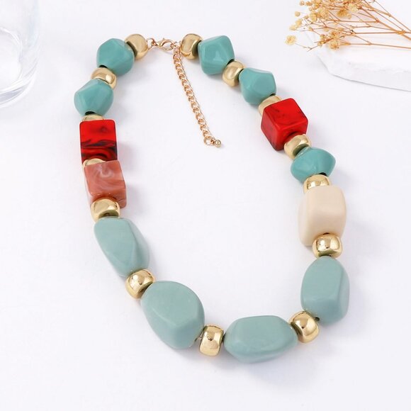 Aqua Blue, Red & Cream Resin Bead Choker Necklace - Modern Boho! - Picture 4 of 4